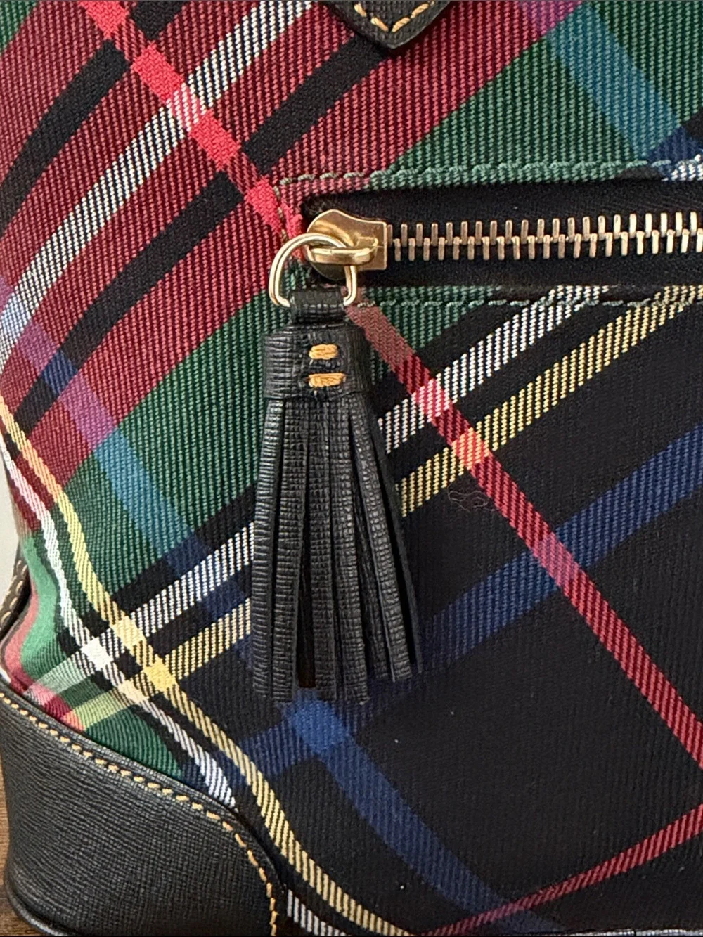 Dooney & Bourke Tartan Plaid Tote Multicolor Black Leather Trim